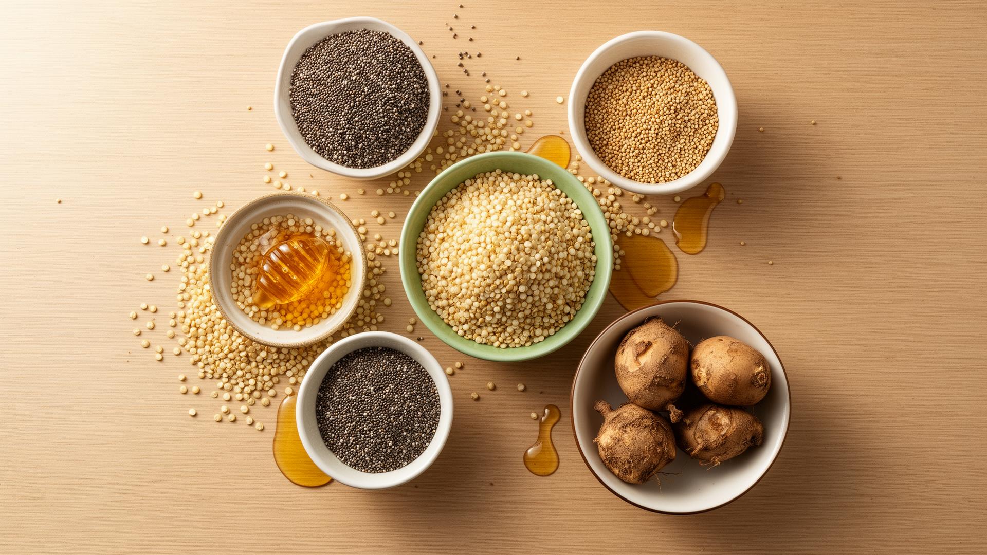 Quinua, amaranto, chía y yacón — ingredientes naturales de Nutri Q Life Plus